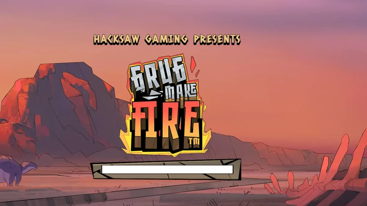 Grug Make Fire slot com símbolos em chamas e interface pré-histórica