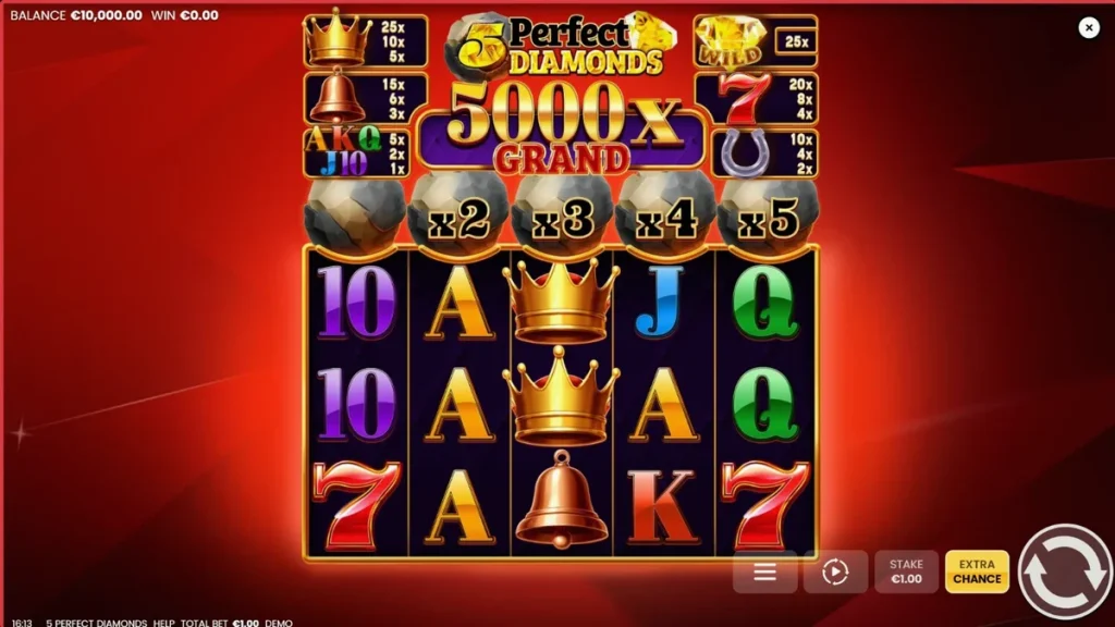 Interface do jogo 5 Perfect Diamonds com símbolos clássicos e gemas brilhantes
