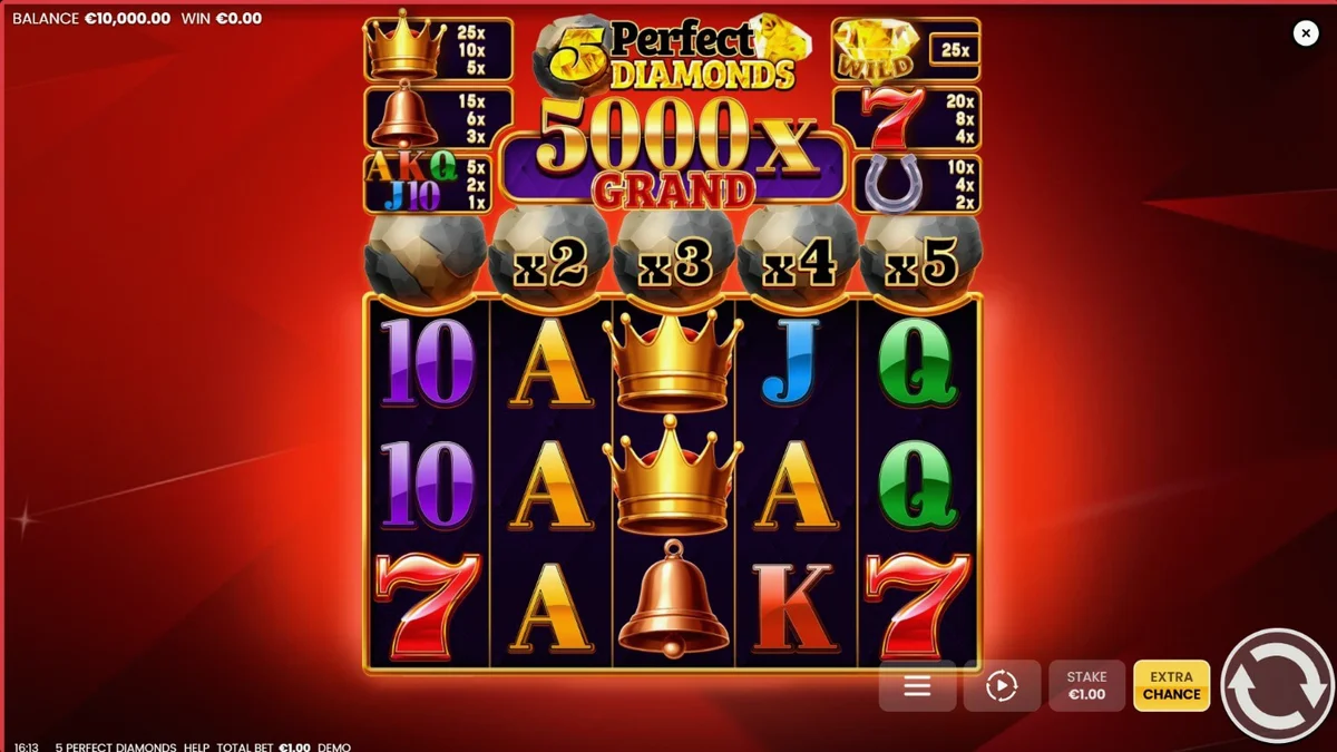 Interface do jogo 5 Perfect Diamonds com símbolos clássicos e gemas brilhantes